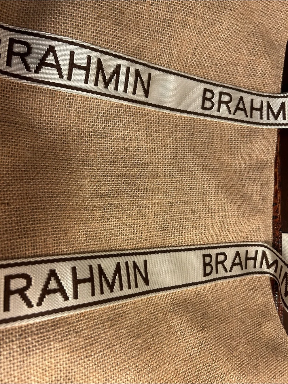 Brahmin Natural Jute Tote with Brown Trim and White Branded Webbing